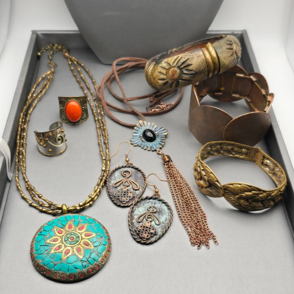 VTG Ethnic Copper & Brass Jewelry Necklaces Rings Earrings Bracelets Lot of 8 - Picture 1 of 14